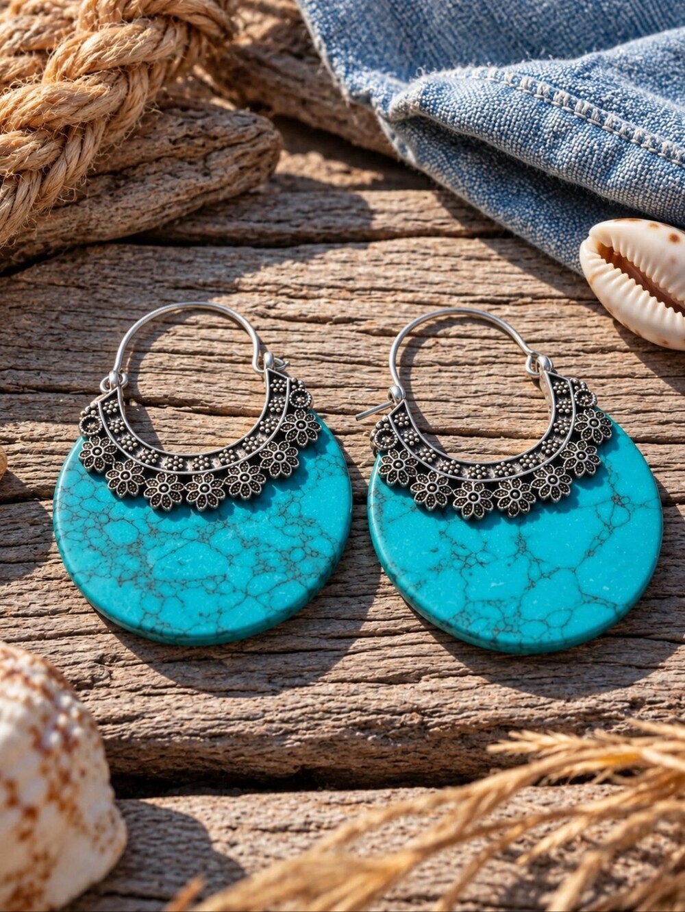 Turquoise Stone Crescent Hoop Earrings 925 Silver Plated Southwestern Artisan 2" - Picture 14 of 16